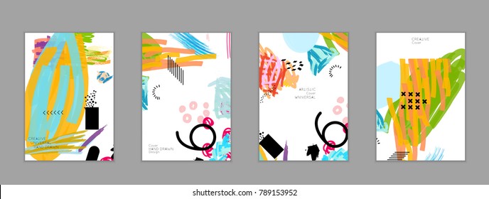 Abstract universal art web header template. Collage made with scribbles, marker, canyon strokes, black geometric shapes, ink drawn splashes. Bright colored isolated on white background cover template.