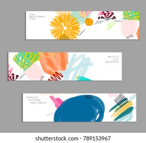 Abstract universal art web header template. Collage made with scribbles, marker, canyon strokes, black geometric shapes, ink drawn splashes. Bright colored isolated on white background cover template.
