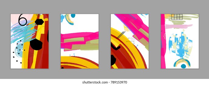 Abstract universal art web header template. Collage made with scribbles, marker, canyon strokes, black geometric shapes, ink drawn splashes. Bright colored isolated on white background cover template.