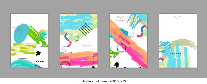 Abstract universal art web header template. Collage made with scribbles, marker, canyon strokes, black geometric shapes, ink drawn splashes. Bright colored isolated on white background cover template.