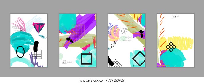 Abstract universal art web header template. Collage made with scribbles, marker, canyon strokes, black geometric shapes, ink drawn splashes. Bright colored isolated on white background cover template.