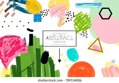 Abstract universal art web header template. Collage made with scribbles, marker, canyon strokes, black geometric shapes, ink drawn splashes. Bright colored isolated on white background cover template.