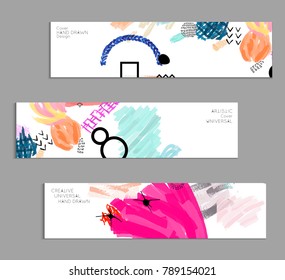Abstract universal art web header template. Collage made with scribbles, marker, canyon strokes, black geometric shapes, ink drawn splashes. Bright colored isolated on white background cover template.