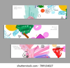 Abstract universal art web header template. Collage made with scribbles, marker, canyon strokes, black geometric shapes, ink drawn splashes. Bright colored isolated on white background cover template.