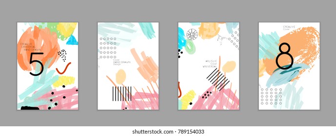 Abstract universal art web header template. Collage made with scribbles, marker, canyon strokes, black geometric shapes, ink drawn splashes. Bright colored isolated on white background cover template.