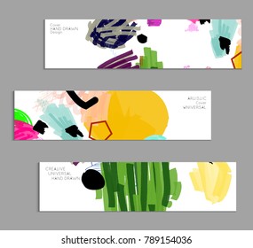 Abstract universal art web header template. Collage made with scribbles, marker, canyon strokes, black geometric shapes, ink drawn splashes. Bright colored isolated on white background cover template.