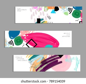 Abstract universal art web header template. Collage made with scribbles, marker, canyon strokes, black geometric shapes, ink drawn splashes. Bright colored isolated on white background cover template.