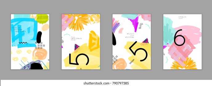 Abstract universal art web header template. Collage made with scribbles, marker, canyon strokes, black geometric shapes, ink drawn splashes. Bright colored isolated on white background cover template.