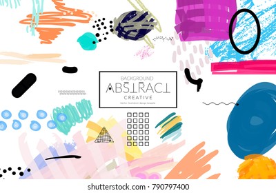 Abstrakte universelle Kunst Web Header Vorlage. Collage aus Kritzeleien, Marker, Canyon-Strichen, schwarzen geometrischen Formen, mit Tinte gezeichneten Spritzer. Hell gefärbt einzeln auf weißem Hintergrund, Deckungsvorlage.