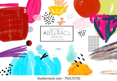 Abstract universal art web header template. Collage made with scribbles, marker, canyon strokes, black geometric shapes, ink drawn splashes. Bright colored isolated on white background cover template.