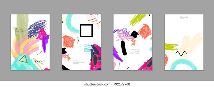Abstract universal art web header template. Collage made with scribbles, marker, canyon strokes, black geometric shapes, ink drawn splashes. Bright colored isolated on white background cover template.