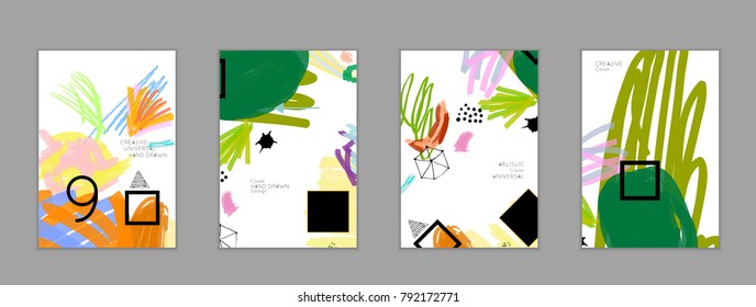 Abstract universal art web header template. Collage made with scribbles, marker, canyon strokes, black geometric shapes, ink drawn splashes. Bright colored isolated on white background cover template.