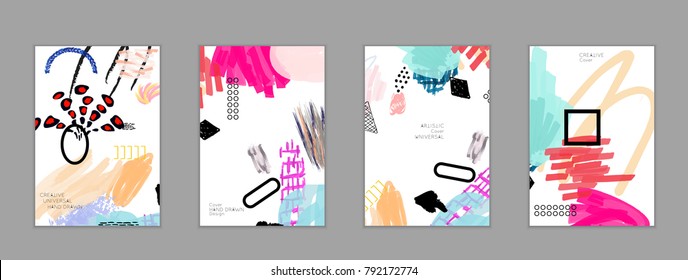Abstract universal art web header template. Collage made with scribbles, marker, canyon strokes, black geometric shapes, ink drawn splashes. Bright colored isolated on white background cover template.