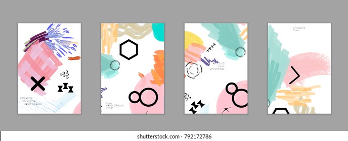 Abstract universal art web header template. Collage made with scribbles, marker, canyon strokes, black geometric shapes, ink drawn splashes. Bright colored isolated on white background cover template.