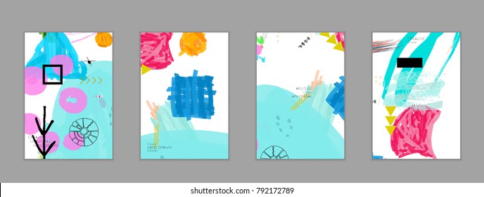 Abstract universal art web header template. Collage made with scribbles, marker, canyon strokes, black geometric shapes, ink drawn splashes. Bright colored isolated on white background cover template.