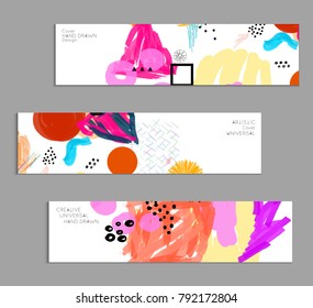 Abstract universal art web header template. Collage made with scribbles, marker, canyon strokes, black geometric shapes, ink drawn splashes. Bright colored isolated on white background cover template.