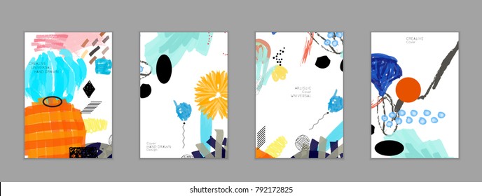 Abstract universal art web header template. Collage made with scribbles, marker, canyon strokes, black geometric shapes, ink drawn splashes. Bright colored isolated on white background cover template.