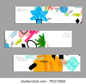 Abstract universal art web header template. Collage made with scribbles, marker, canyon strokes, black geometric shapes, ink drawn splashes. Bright colored isolated on white background cover template.