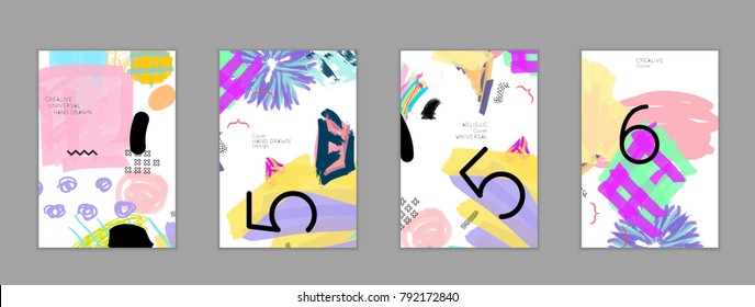 Abstract universal art web header template. Collage made with scribbles, marker, canyon strokes, black geometric shapes, ink drawn splashes. Bright colored isolated on white background cover template.