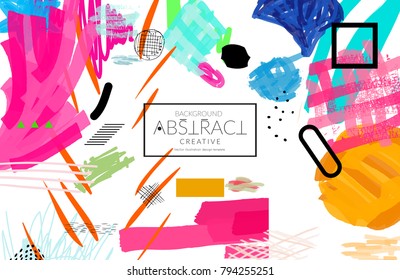 Abstract universal art web header template. Collage made with scribbles, marker, canyon strokes, black geometric shapes, ink drawn splashes. Bright colored isolated on white background cover template.