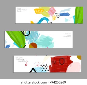 Abstract universal art web header template. Collage made with scribbles, marker, canyon strokes, black geometric shapes, ink drawn splashes. Bright colored isolated on white background cover template.