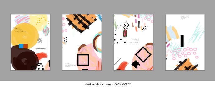 Abstract universal art web header template. Collage made with scribbles, marker, canyon strokes, black geometric shapes, ink drawn splashes. Bright colored isolated on white background cover template.