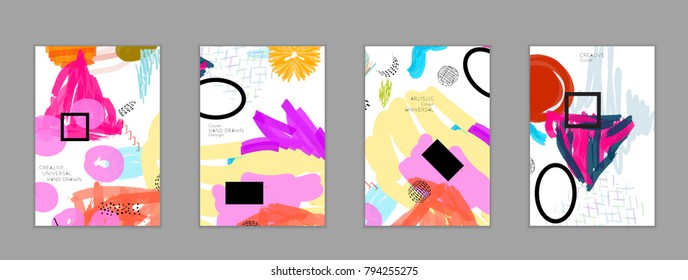 Abstract universal art web header template. Collage made with scribbles, marker, canyon strokes, black geometric shapes, ink drawn splashes. Bright colored isolated on white background cover template.