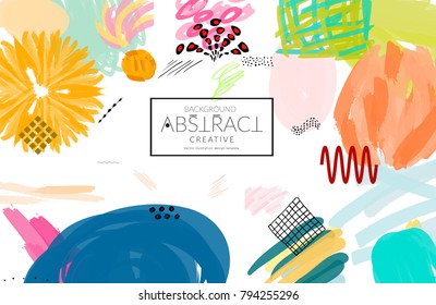 Abstract universal art web header template. Collage made with scribbles, marker, canyon strokes, black geometric shapes, ink drawn splashes. Bright colored isolated on white background cover template.