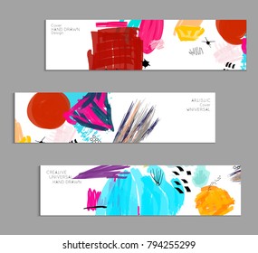 Abstract universal art web header template. Collage made with scribbles, marker, canyon strokes, black geometric shapes, ink drawn splashes. Bright colored isolated on white background cover template.