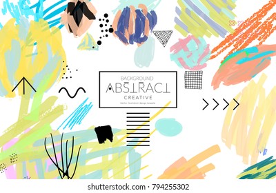 Abstract universal art web header template. Collage made with scribbles, marker, canyon strokes, black geometric shapes, ink drawn splashes. Bright colored isolated on white background cover template.