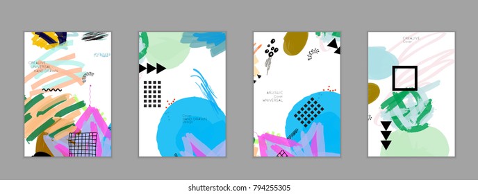 Abstract universal art web header template. Collage made with scribbles, marker, canyon strokes, black geometric shapes, ink drawn splashes. Bright colored isolated on white background cover template.