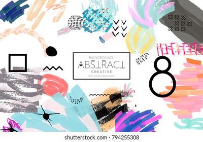 Abstract universal art web header template. Collage made with scribbles, marker, canyon strokes, black geometric shapes, ink drawn splashes. Bright colored isolated on white background cover template.