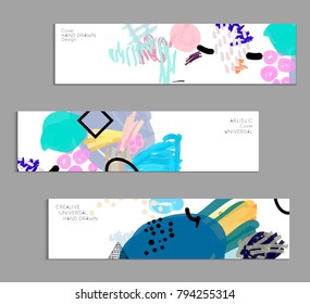 Abstract universal art web header template. Collage made with scribbles, marker, canyon strokes, black geometric shapes, ink drawn splashes. Bright colored isolated on white background cover template.