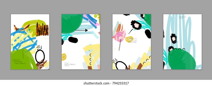 Abstract universal art web header template. Collage made with scribbles, marker, canyon strokes, black geometric shapes, ink drawn splashes. Bright colored isolated on white background cover template.