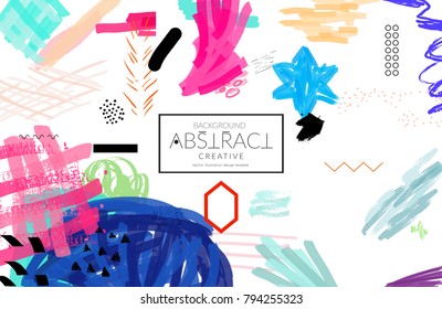 Abstract universal art web header template. Collage made with scribbles, marker, canyon strokes, black geometric shapes, ink drawn splashes. Bright colored isolated on white background cover template.