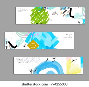 Abstract universal art web header template. Collage made with scribbles, marker, canyon strokes, black geometric shapes, ink drawn splashes. Bright colored isolated on white background cover template.