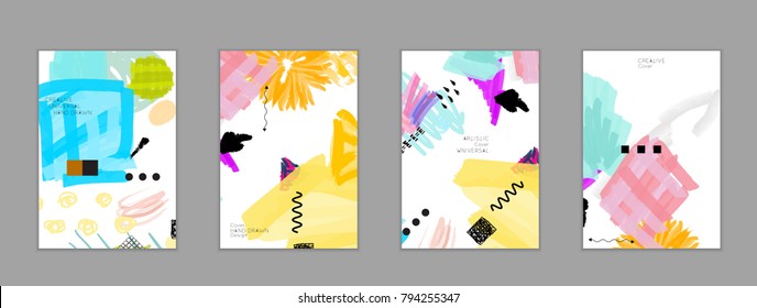 Abstract universal art web header template. Collage made with scribbles, marker, canyon strokes, black geometric shapes, ink drawn splashes. Bright colored isolated on white background cover template.