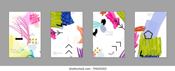 Abstract universal art web header template. Collage made with scribbles, marker, canyon strokes, black geometric shapes, ink drawn splashes. Bright colored isolated on white background cover template.