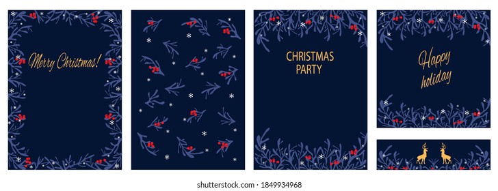 Abstract universal artistic templates with branches, snowflakes, balls . Merry christmas corporate Holiday cards and invitations. Floral frames and background design. Vector illustration