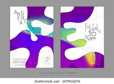 Abstract universal flyer templates with simple wavy shapes and cut out paper with shadow over striped background. Social media web banner. Bright colored isolated.