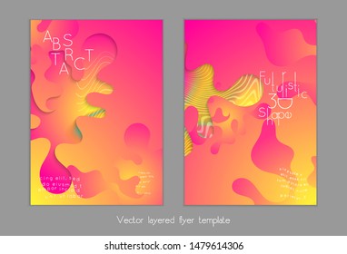 Abstract universal flyer templates with simple wavy shapes and cut out paper with shadow over striped background. Social media web banner. Bright colored isolated.