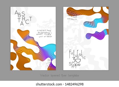 Abstract universal flyer templates with simple wavy shapes and cut out paper with shadow over striped background. Social media web banner. Bright colored isolated.