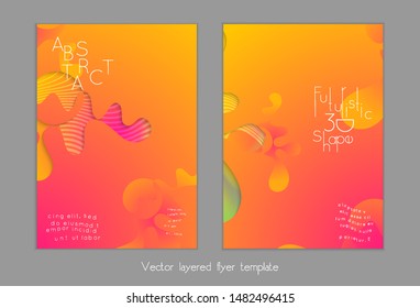 Abstract universal flyer templates with simple wavy shapes and cut out paper with shadow over striped background. Social media web banner. Bright colored isolated.