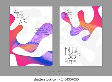 Abstract universal flyer templates with simple wavy shapes and cut out paper with shadow over striped background. Social media web banner. Bright colored isolated.