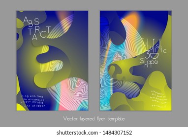 Abstract universal flyer templates with simple wavy shapes and cut out paper with shadow over striped background. Social media web banner. Bright colored isolated.