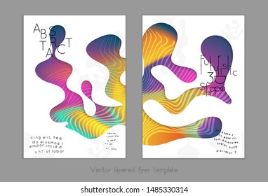 Abstract universal flyer templates with simple wavy shapes and cut out paper with shadow over striped background. Social media web banner. Bright colored isolated.