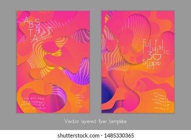 Abstract universal flyer templates with simple wavy shapes and cut out paper with shadow over striped background. Social media web banner. Bright colored isolated.