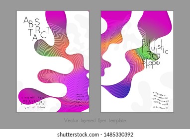 Abstract universal flyer templates with simple wavy shapes and cut out paper with shadow over striped background. Social media web banner. Bright colored isolated.