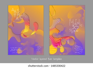 Abstract universal flyer templates with simple wavy shapes and cut out paper with shadow over striped background. Social media web banner. Bright colored isolated.