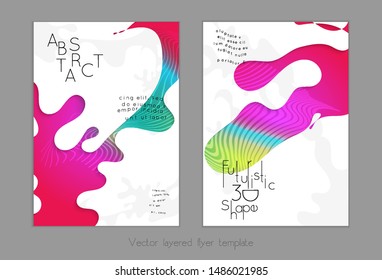 Abstract universal flyer templates with simple wavy shapes and cut out paper with shadow over striped background. Social media web banner. Bright colored isolated.